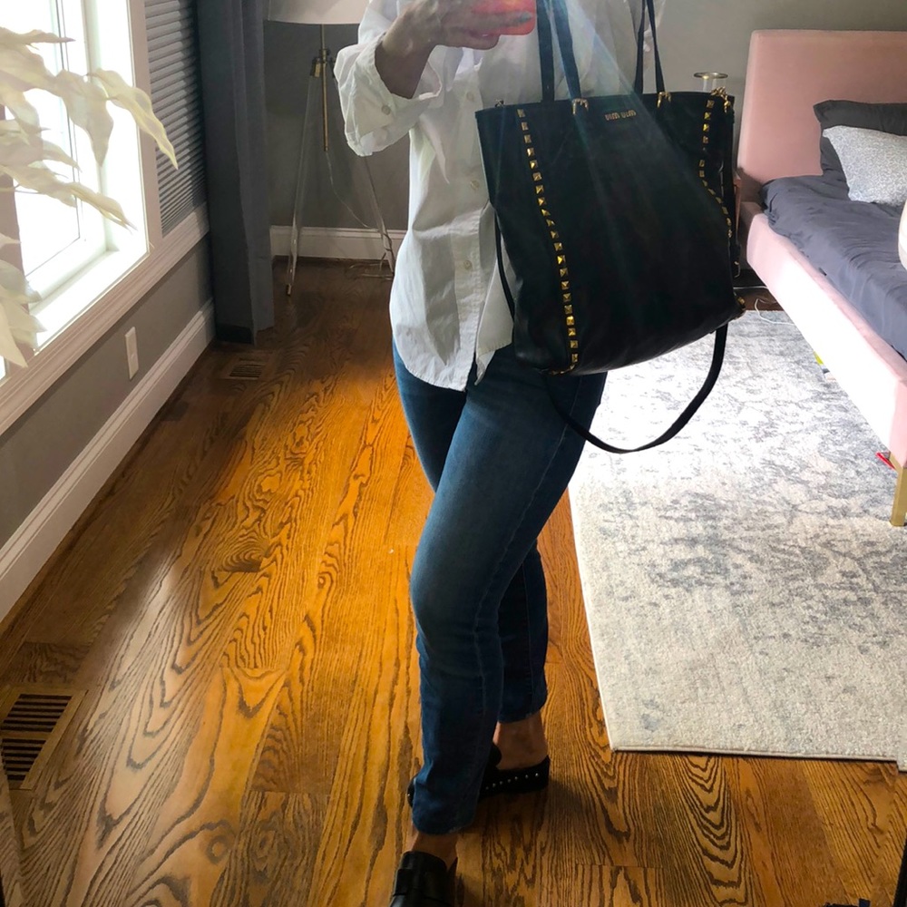 Miu Miu Napa black leather tote w gold studs